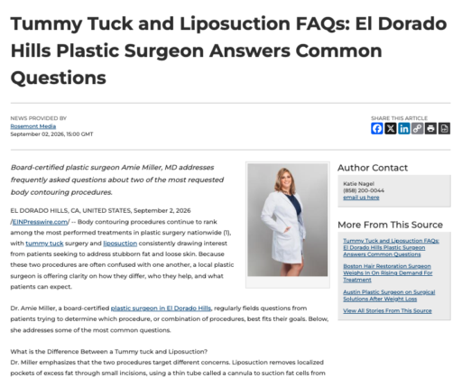 Board-certified El Dorado Hills plastic surgeon Amie Miller, MD answers a variety of frequently asked questions about tummy tuck surgery and liposuction.
