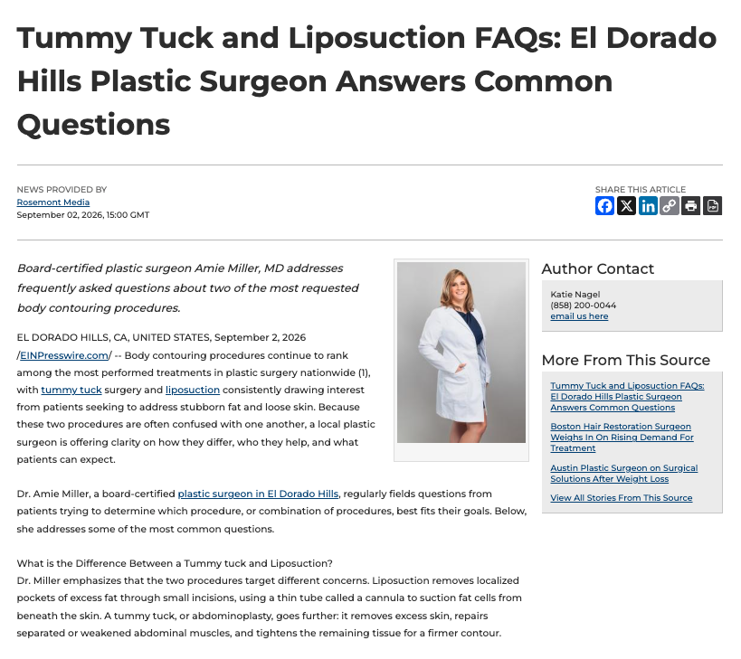 Board-certified El Dorado Hills plastic surgeon Amie Miller, MD answers a variety of frequently asked questions about tummy tuck surgery and liposuction.